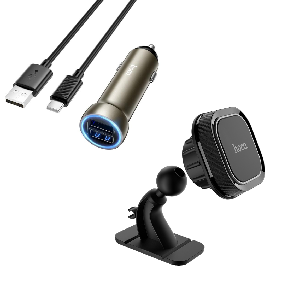 Car charger, magnetic phone holder, and USB cable on a white background